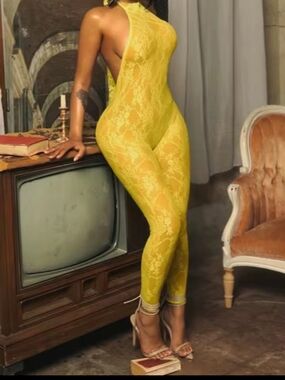 Yellow Lace Halter Jumpsuit Bodysuit - Women